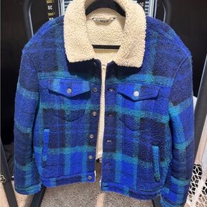 Zara Blue and Black Checkered Sherpa Jacket size L